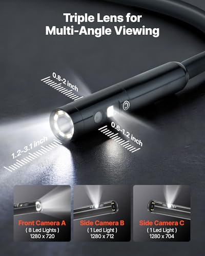 Image of VEVOR Triple Lens Endoscope with Light, 5 inch HD IPS Screen Industrial Borescope, 1280 x 720 Lens, 8 + 2 LEDs, 8X Zoom, IP67 Waterproof Inspection Snake Camera for Auto, Plumbing (16.4FT Rigid Cable)