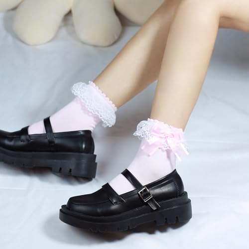 Image of Ruffle Frilly Lace Socks for Women - Lace Ankle Socks with Bow - Cute Lolita Socks Regular (US, Numeric, 5, 9, Regular, Regular, 1 Pair Pink)