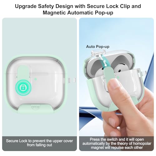 Image of Aircawin for Airpods 4 Case Clear,Secure Lock for Airpods 4th Generation Case Cover with Phone Stand and Magsafe Function,Auto Pop-up,Hybrid Protection Design with Carabiner&Cleaning Pen-Green