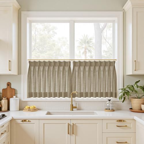 Image of TWOPAGES 52 inch inch W x 30 inch inch L Linen Blend Cafe Curtains for Kitchen Window, Light Filtering Pinch Pleated Tier Curtains, Modern Farmhouse Half Window Curtains for Bathroom, Taupe Grey, 2 Panels