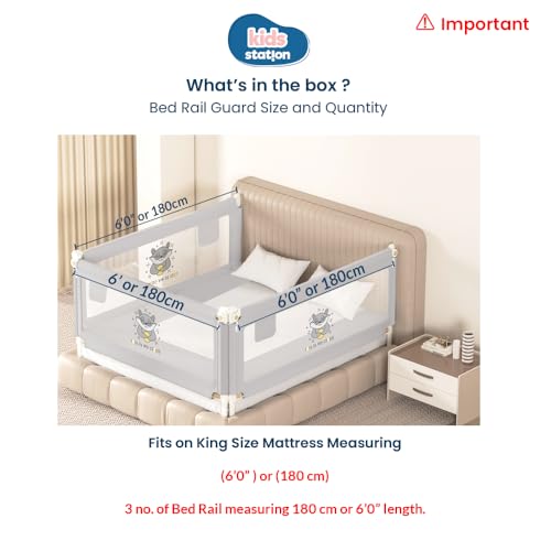 Kids Station Premium Bed Rail for Baby Safety (6ft x 6ft / 180cm x 180cm), Adjustable Height Foldable Safety Guard for Baby Proofing King Size Bed (6'0", 3 Side, Grey)
