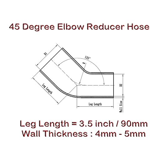 Autobahn88 Automotive Silicone Hose Bend, 45-Deg Elbow Reducer Coupler, Id= 2.75" To 3" (70 To 76Mm), Leg Length 3.13" (80Mm), Wall Thickness 0.16" (4Mm), 3-Ply, Red #TOP1