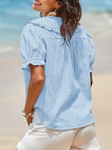 Image of Tankaneo Womens Puff Sleeve Shirts Peter Pan Collar Button Down Cotton Blouse Casual Summer Textured Tops