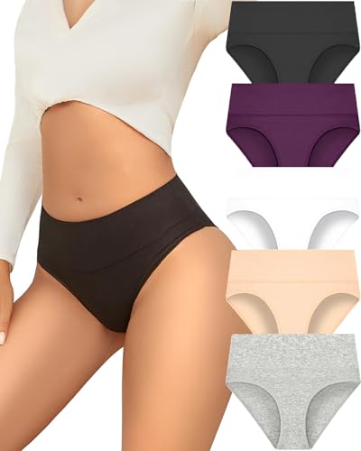 Sth Big Bragas Mujer Algodon Media Cintura Brasileño Hipster Transpirable y Cómodo Ropa Interior de Mujer Braguitas Pack de 5 Múltiple S-XXL