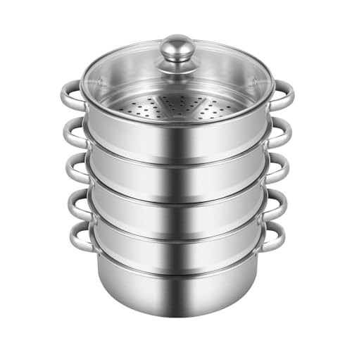 ACROSSPART 5 Lagiger Edelstahl Dampfgarer, Dampfgarer Topf mit Glasdeckel Dämpfeinsatz, 26cm Küchen Gardampftopf Schongarer, Kochtopf, Dampfgarer Elektrisch