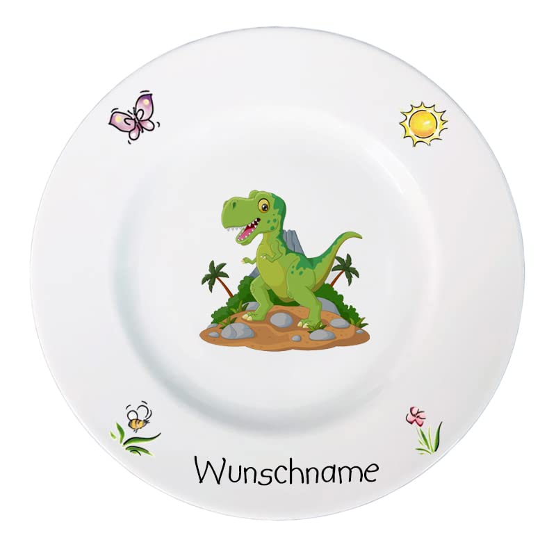 Kindergeschirr personalisiert - Frühstücksservice 3-tlg. Porzellan Teller Becher Schale personalisierbar mit Wunschname Name Namen personalisiert (Dinosaurier)
