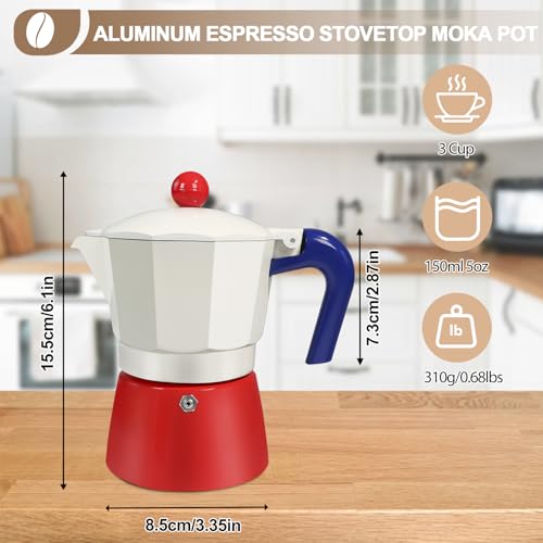 Image of Aluminum 3 Cup 150ml Moka Pot Express Coffee Maker Stovetop Espresso Colorful Coffeemaker Italian Classic Style Brewing Greca Cafe Mocha Machine for Cafeteras Lover Camping Travel and Home Use 5oz