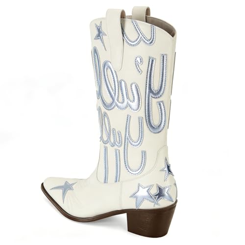 Image of Women's Mid Calf Western Cowboy Boots Pull On Cowgirl Boots with Fashion Star Embroidery Letter Pointed Toe Chunky Heel