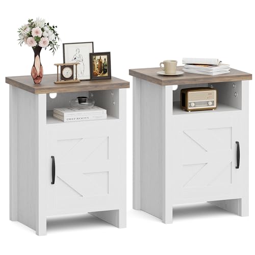 JUMMICO Farmhouse Nightstand, Modern Bedside Table with Barn Door and Shelf, Rustic End Table Side Table for Bedroom, Living Room (2, White)