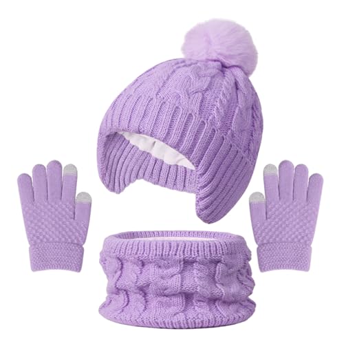 Image of Jupsk Kids Hat Scarf Gloves Set, Winter Beanie Snood Knit Thick Neck Warmer Pom Pom Cap Fleece Lining for Children Girls Boys 3-8 Years (Purple)
