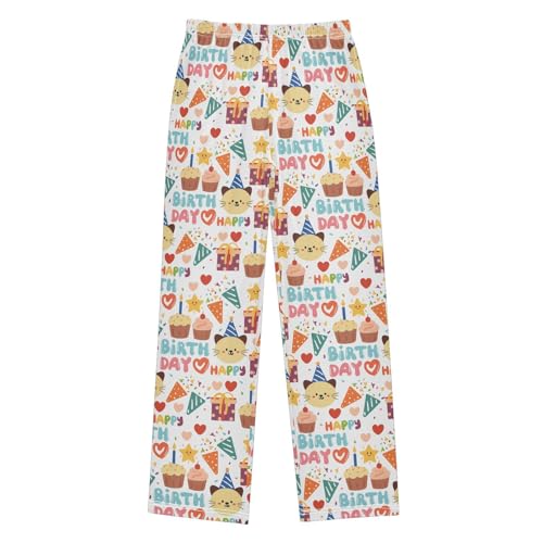 Happy Birthday Cat Boys Long Pants Soft Trousers Elastic Waist Kids Lounge Bottoms with Pockets S-XL