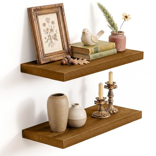 Image of Solid Wood Floating Shelves for Wall 20 inch,Walnut Wooden Shelf Set of 2