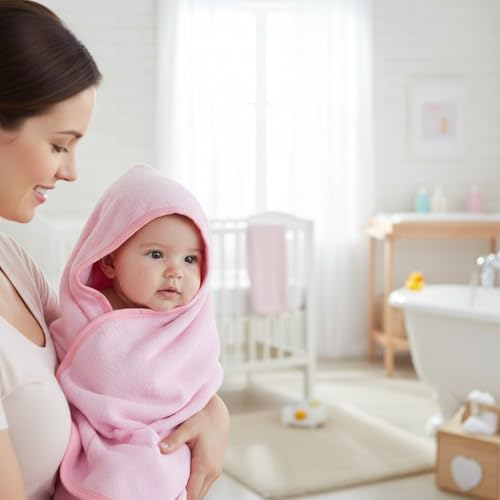 Image of BY LORA Hooded Baby Towel for Toddlers, Soft 100% Rayon Bath Towel, Highly Absorbent Baby Girl Wrap, 35 x 35 Inches, Toddler Gift, Pink 2-Pack
