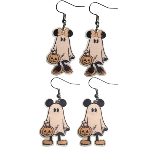2 Pairs of Mouse Trick or Treat/Mouse Ghost Earrings for Women/Adults