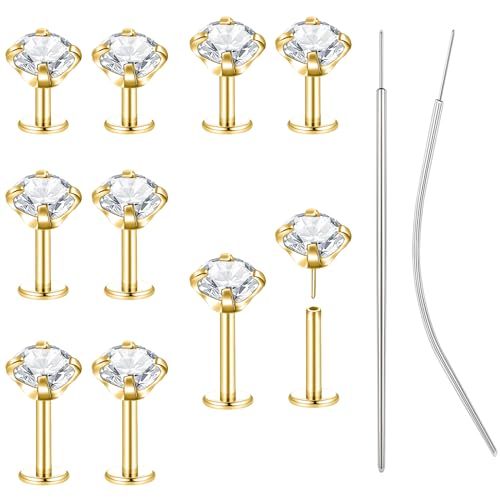 BodyAce 18G/20G Threadless Push in Tragus Stud, 316L Surgical Steel Nose Ring Flat Back Earrings, Silver Lip Bars Labret Studs Medusa Piercing Jewellery [Gold;20G;4mmCZ]