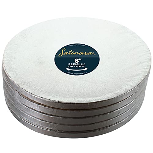 Satinara 8 Cake Boards Luxury Cake Drums Silver Foil Covered 12mm thick - 8 inch Round (Pack of 5)