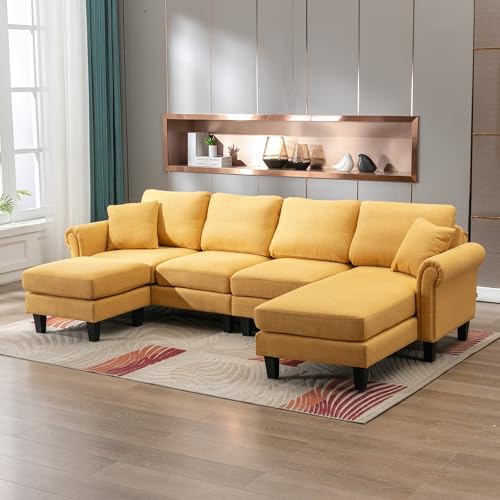 Image of Nathan 6 Seater L Shape Sofa with Centre Table | 6 Seater Sofa Set for Living Room| l Shaped 6 Seater Sofas, Premium Fabric (Nathan Yellow, RHS)