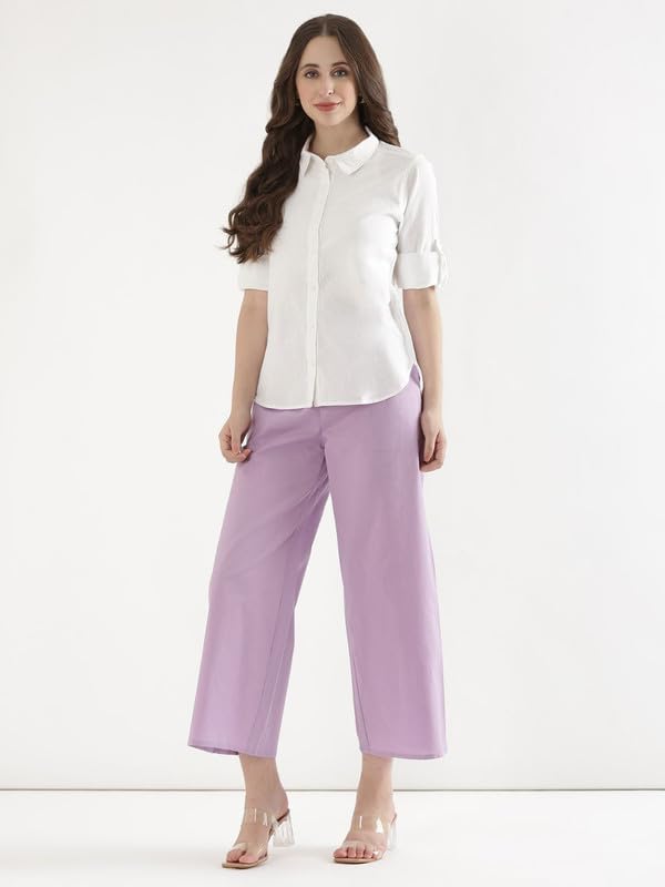 Image of SAADAA Women's Relaxed Fit Mid Rise Airy Linen Wide Leg Pants, High Waist Trousers for Formal, Casual & Office Wear