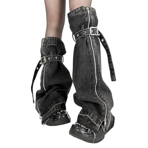 Jambières en jean délavé pour femme style punk grunge et couvre-bottes streetwear baggy