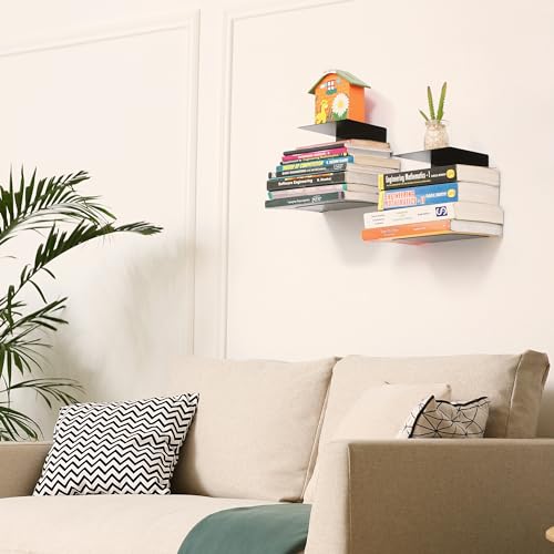 Image of Livzing Invisible Floating Metal Book Shelf-CD DVD Display Bookcase Rack Wall Mount Shelves - Multipurpose Organizer Bibliophile Living Room Office Home Decor Items Stand (Set of 2) - Black (Medium)