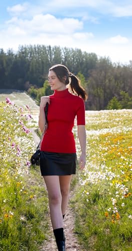 Image of v28 Women Turtleneck 1 /2 Half Sleeve Highly Stretchy Ribbed Knit Fitted Sweater