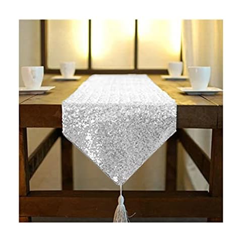 ShinyBeauty Silver Sequin Table Runner with Tassels Cover