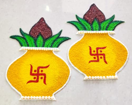 Radhika Creation Kalash Ready Rangoli Design Set of 2 | Swastik Pooja Rangoli for Diwali Decoration | Reusable Handmade Rangoli for Home Entrance, Mandir & Laxmi Poojan