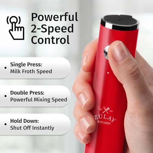 Image of Zulay Kitchen Rechargeable Milk Frother Handheld - Frother Wand, Drink Mixer, Electric Whisk Frother, for Cappuccinos, Matcha & Protein Powder - Lux Double Whisk 2 Speed Waterproof 2000mAh Red