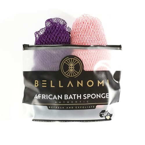 BELLANOMI African Exfoliating Net Sponge 2-Pack Sapo Authentic & Ethically Sourced 45 Long Back Scrubber Quick-Dry 100% Nylon Gentle Exfoliation Great for Daily Use (Indigo & Blush)