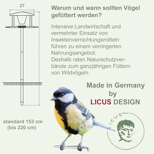 LicusDesign Vogelhaus mit Ständer wetterfest aus Edelstahl - Stabiles Vogelfutterhaus für draußen, modern aus Metall - Vogelfutterstation - Futterhaus für Vögel stehend
