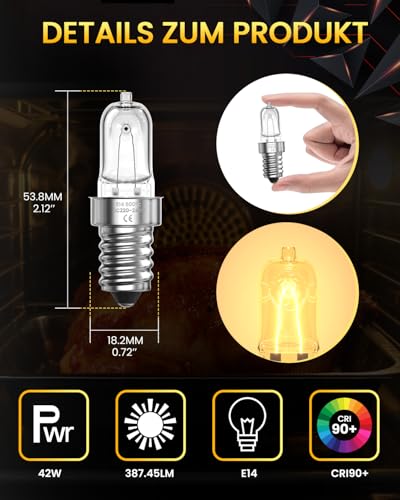 Lamptobe Backofen Glühbirne E14 42W - 500℃Hitzebeständig SES E14 Backofenlampe Warmweiß 2700K Dimmbar für Philips, Neff, AEG, Smeg, Zanussi & Bosch Backöfen, Mikrowellen, Salzlampen (4er-Pack)