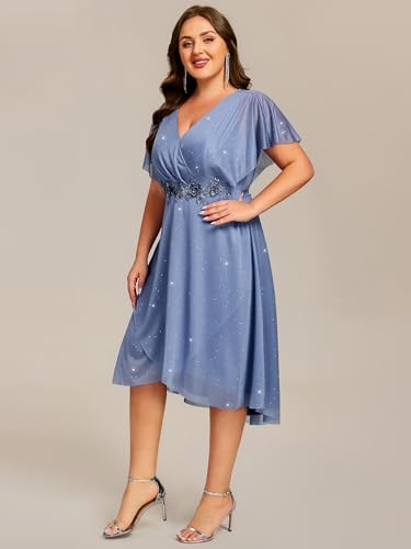 Image of Ever-Pretty Plus Women's V Neck Short Sleeves Pleated Applique High Low Glitter Midi Plus Size Wedding Guest Dresses