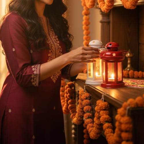 Image of Mini Metal Tea Light Lantern Set of 1 Candle Holder Home Decor | Perfect for Living Room, Bedroom, Pooja Space, Festive Decor, Weddings, Housewarming & Gifting Ideal for Diwali, Wedding - White & Red
