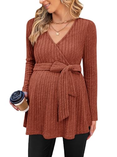 Image of FMEYOA Womens Maternity Shirts Long Sleeve Pregnancy Tops Casual V Neck Ribbed Knit Pregnant Blouses