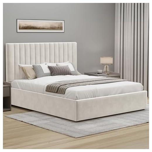 Blisswood Ottoman Bed Frame Gas Lift Up Storage Bed, 4ft Small Double Ottoman Bed, Upholstered Ottoman Bed Frame, Wooden Slats Stylish Bed Frame (Velvet Fabric 4ft Beige No Mattress)