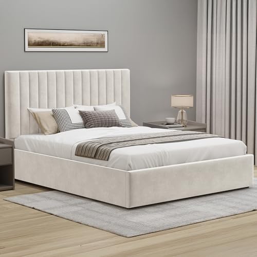 Blisswood Ottoman Bed Frame Gas Lift Up Storage Bed 4ft Small Double Ottoman Bed Upholstered Bed Frame Wooden Slats Stylish Bed Frame (4ft Beige No Mattress)