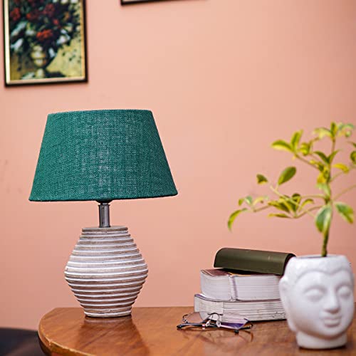Image of PineCraft International Atury Table Lamp with Shade Night Lamp for Living Room, Study Room, Bedroom & Home Decor Gift Item 14 inch Height Wooden Study Lamp with Dark Green Shade