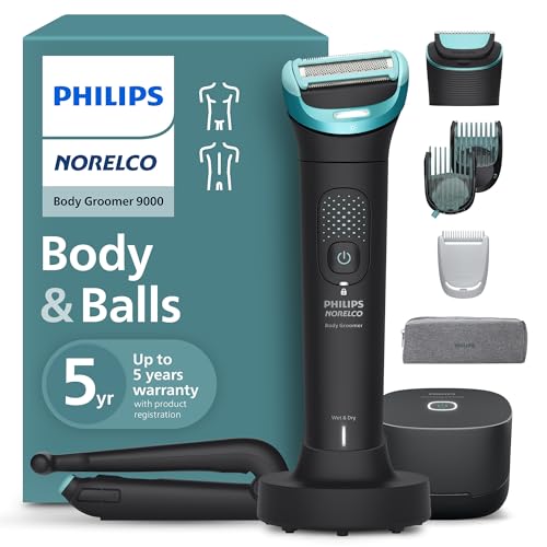 Philips Norelco Body Groomer serie 9000, recortadora de vello corporal para hombres y sistema de afeitadora íntima con limpiador de cubos UV y accesorio trasero ajustable, 100% resistente a la ducha