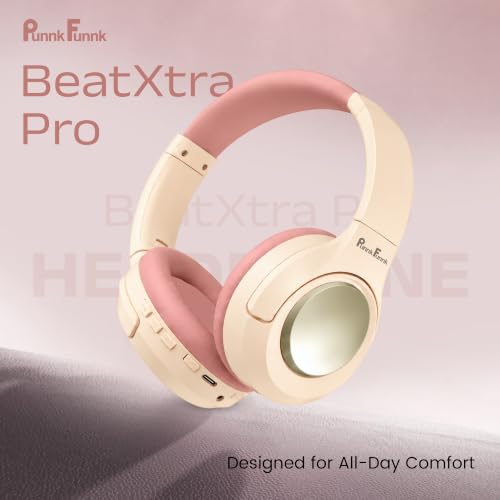 Image of PunnkFunnk BeatXtra Pro Wireless Bluetooth Headphones V5.3, Over-Ear Stereo Headset with 40mm Drivers, Noise Cancelling, Soft Cushioned Ear Cups, 10m Wireless Range, Teen & Adults (Pink)