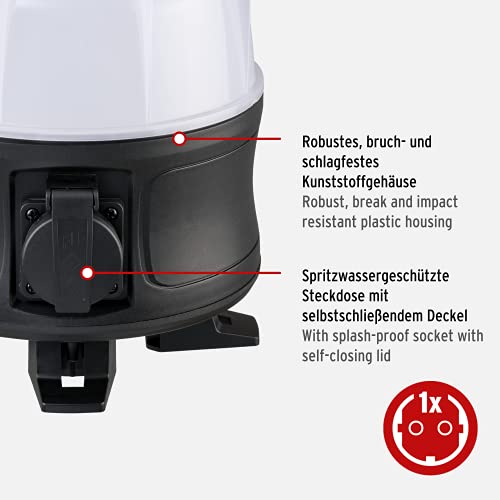 Brennenstuhl Mobiler 360° LED Strahler/Baustrahler 50W (Arbeitsleuchte, 5 m Kabel und spritzwassergeschützte Steckdose mit selbstschliessendem Deckel), Schwarz, 5400 lm