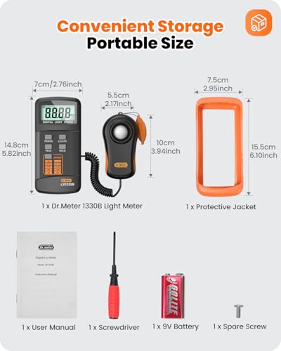 Dr.meter LX1330B Digital Luxmeter, 0-200.000 Messbereich Luxmeter mit 360° Drehbarem Sensor Beleuchtungsintensität Helligkeitsmessung für Innen und Außen, Lichtmessgeräte für Pflanzen