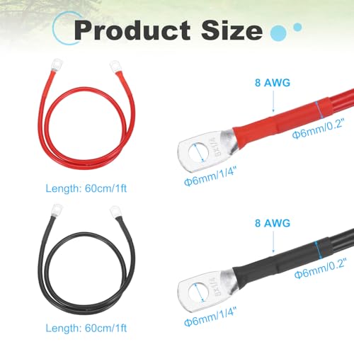 sourcing map 2PCS 8 AWG Battery Cable, 2ft Pure Copper Battery Inverter Cables with 1/4" Ring Terminals for Marine Solar Boat Car RV, Red Black