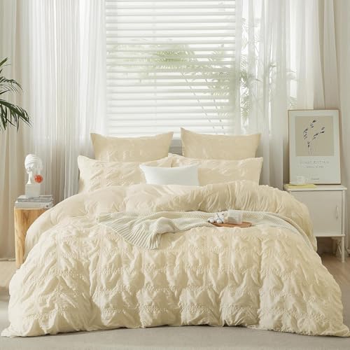 YASMENG Seersucker Bettwäsche 200x200 Beige Gelb Kariert Bettbezug Set...