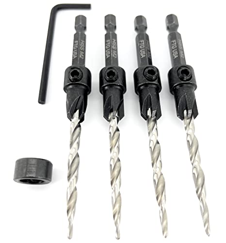 Image of FTG USA #10(3 /16 inch) Wood Countersink Drill Bit 4-Pc Set with 3 /8 inch Depth Stop | Convenient 4-pack of identical tapered bits for woodworking. Includes an adjustable 3 /8 inch depth stop collar
