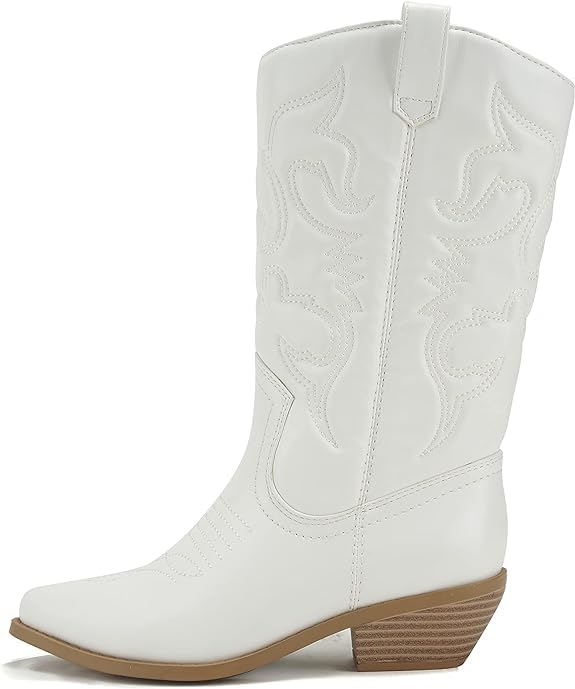 Soda Reno Women Western Cowboy Pointed Toe Knee High Pull On Tabs Boots (White/Beige Pu, US Footwear Size System, Adult, Women, Numeric, Wide, 9)