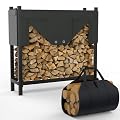 WALMANN Heavy-Duty Firewood Rack with Waterproof Cover & Firewood Carry Bag, 4 ft Outdoor Indoor Wood Log Holder for Fireplace, Patio & Porch, Sturdy Steel Fire Wood Storage Stand