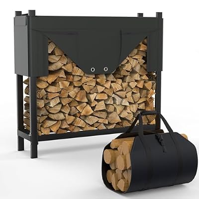 WALMANN Heavy-Duty Firewood Rack with Waterproof Cover & Firewood Carry Bag, 4 ft Outdoor Indoor Wood Log Holder for Fireplace, Patio & Porch, Sturdy Steel Fire Wood Storage Stand