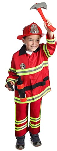 DRESS 2 PLAY Firefighter Costume for Kids - Fireman Toddler Dress Up Set for Pretend Play, Halloween or Birthday Party - Red Fire Fighter Uniform with Accessories for Boys and Girls - For 3-7 Years Old