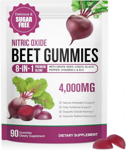 ECHTEYUN Super Beetroot Gummies 8 in 1 Beet Root 4 000mg with Grape Seed Extract & CoQ10 Sugar Free - 90 Count (1)