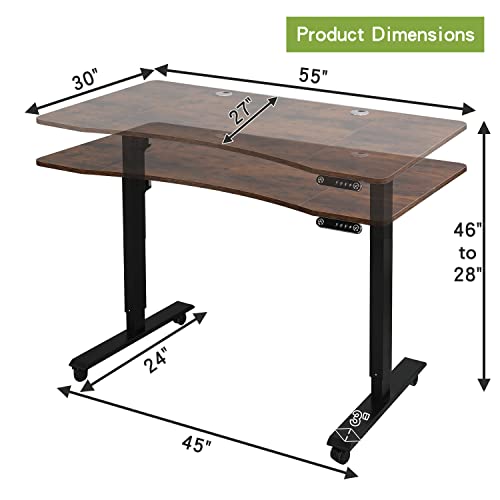 Image of Radlove Electric Height Adjustable Standing Desk, 55'' x 30'' Stand Up Desk Workstation, Splice Board Home Office Computer Standing Table Height Adjustable Computer Desk Rustic Brown Top+Black Frame